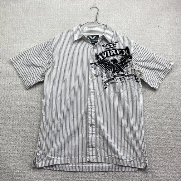 Y2K Avirex  Button Up Shirt Mens XL Short Sleeve Striped White Grunge Graphic** - Picture 1 of 15